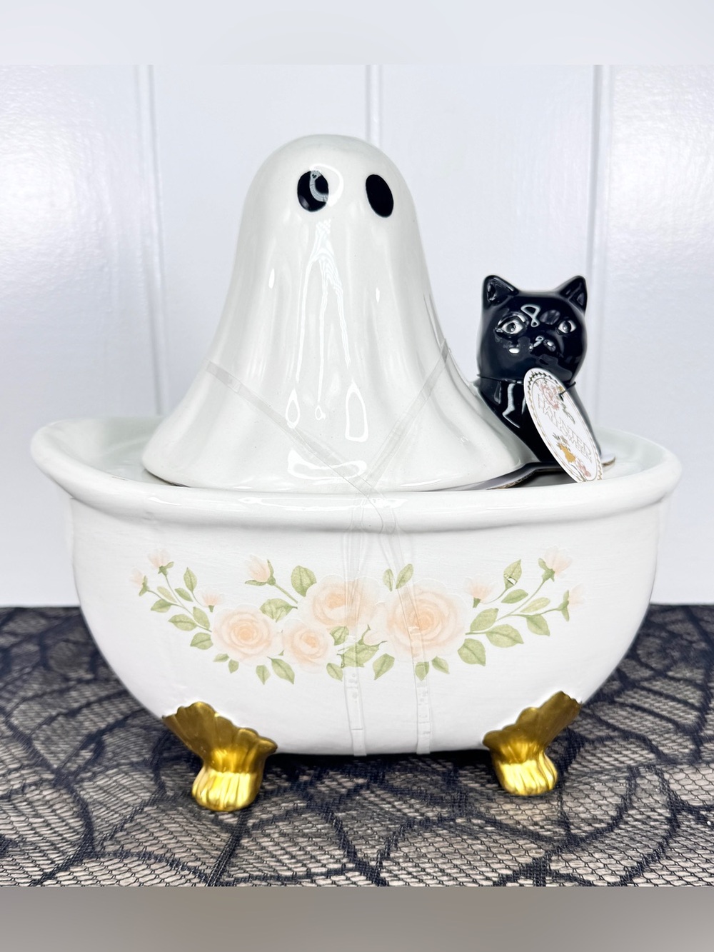 NEW Ghost and Black Cat in Bathtub Halloween Cookie Jar